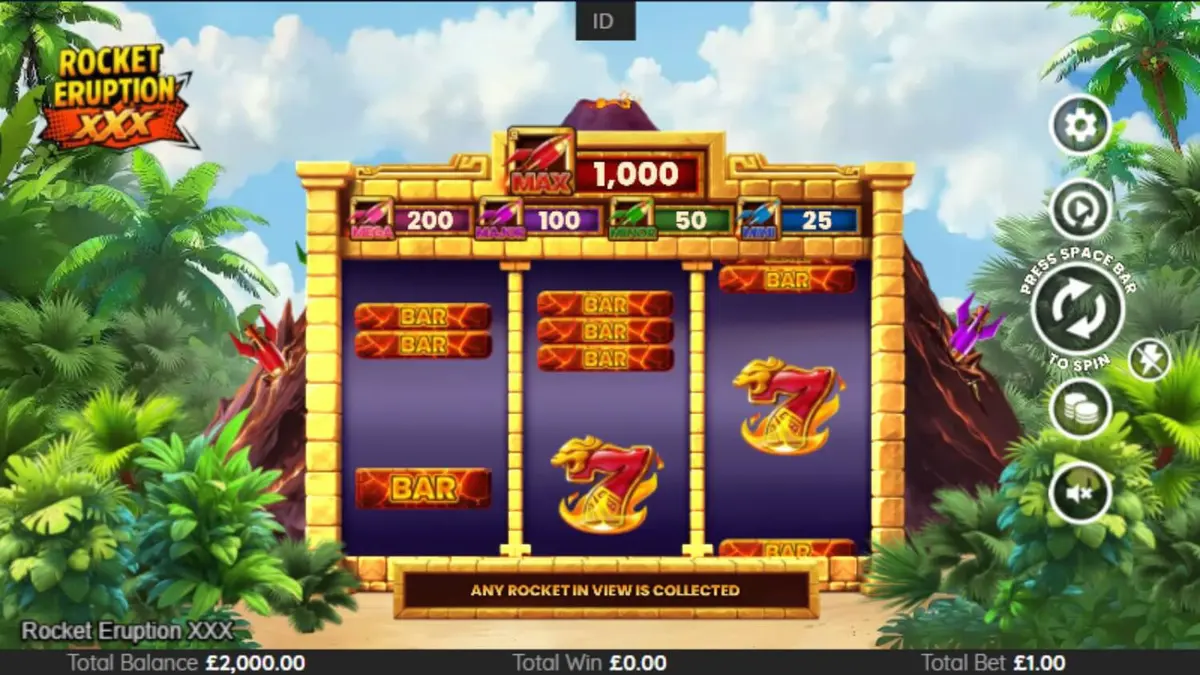 Isang makulay na display ng Rocket Eruption XXX slot na nagpapakita ng mga neon na simbolo at bulkan sa background.