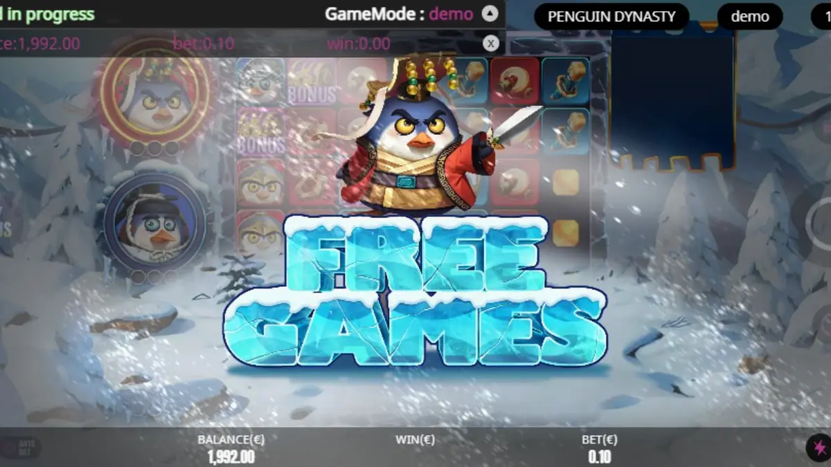 Isang makulay na visual ng Penguin Dynasty slot na nagpapakita ng mga penguin warriors sa isang nagyeyelong palasyo.